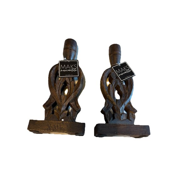 Creative Co-Op Hand-Carved Mango Wood Taper Holders, Walnut Finish, Set of 2 New - Picture 2 of 7